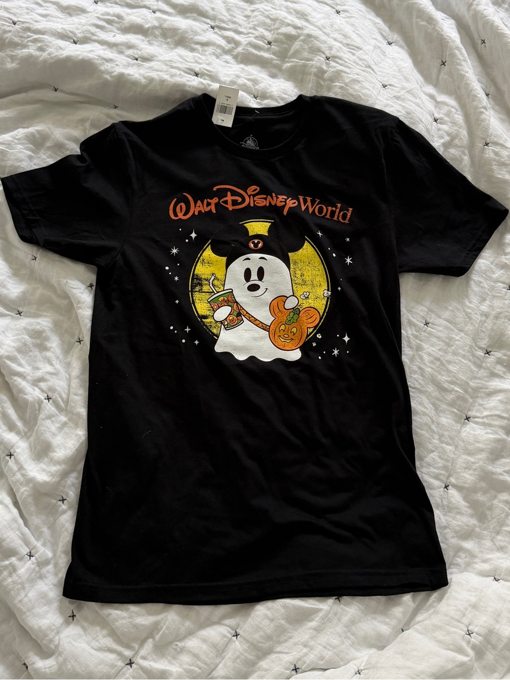 Disney Black Halloween Mickey Ghost Tee with Pumpkin Graphic